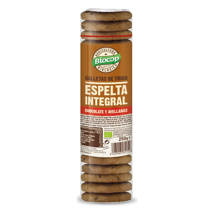 GALLETAS DE ESPELTA INTEGRAL CON CHOCOLATE Y AVELLANAS 250 GR. (BIOCOP)/