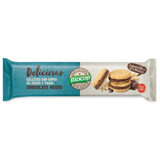 GALLETAS DELICIOSAS CON COPOS DE AVENA Y TRIGO RELLENAS DE CHOCOLATE NEGRO 150 GR. (BIOCOP)/