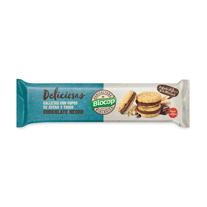 GALLETAS DELICIOSAS CON COPOS DE AVENA Y TRIGO RELLENAS DE CHOCOLATE NEGRO 150 GR. (BIOCOP)/