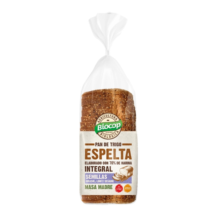 PAN DE MOLDE DE ESPELTA INTEGRAL GIRASOL LINO SESAMO 400 GR. (MASA MADRE) (BIOCOP)/