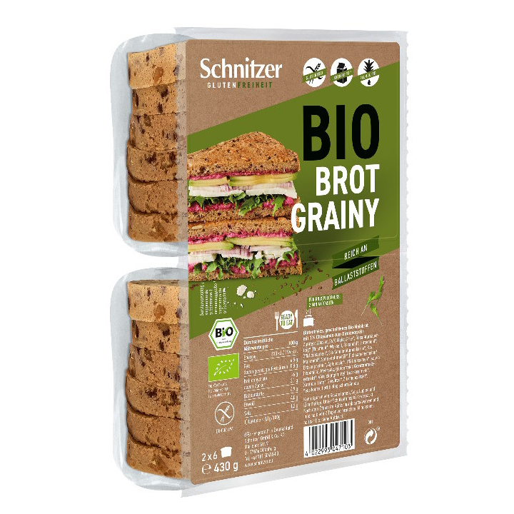 PAN DE MOLDE DE MAIZ REBANADAS (GRAINY) TOAST Y SEMILLAS SIN GLUTEN BIO 430 GR. (SCHNITZER)**