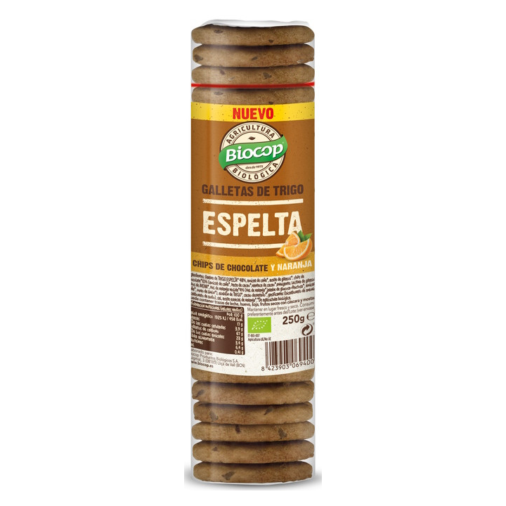 GALLETAS DE ESPELTA CON CHIPS DE CHOCOLATE Y NARANJA ECO 250 GR. (BIOCOP)/