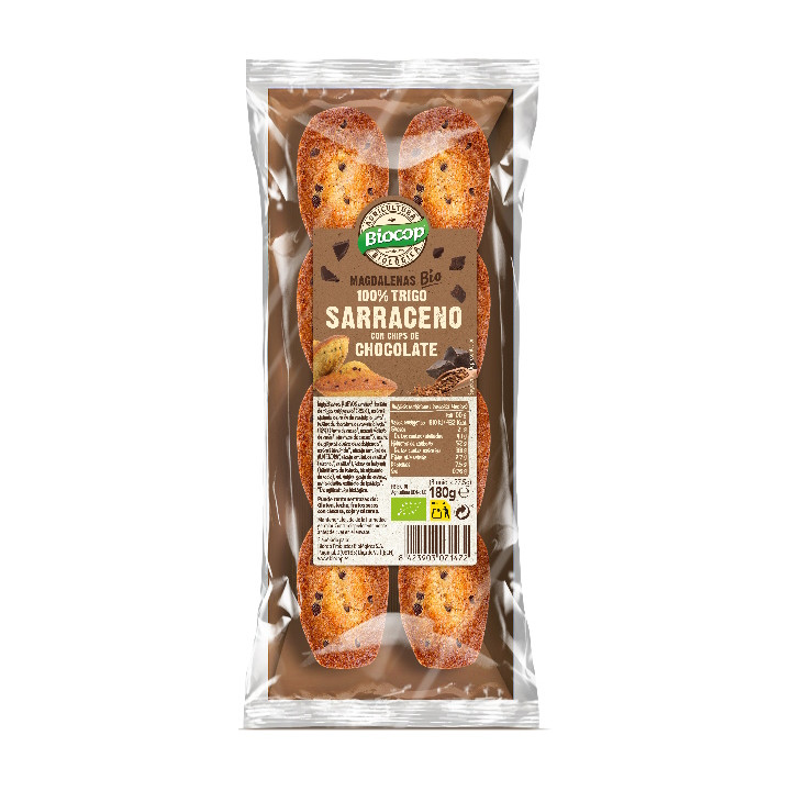 MADALENAS DE TRIGO SARRACENO CON CHIPS DE CHOCOLATE ECO 180 GR. (BIOCOP)/
