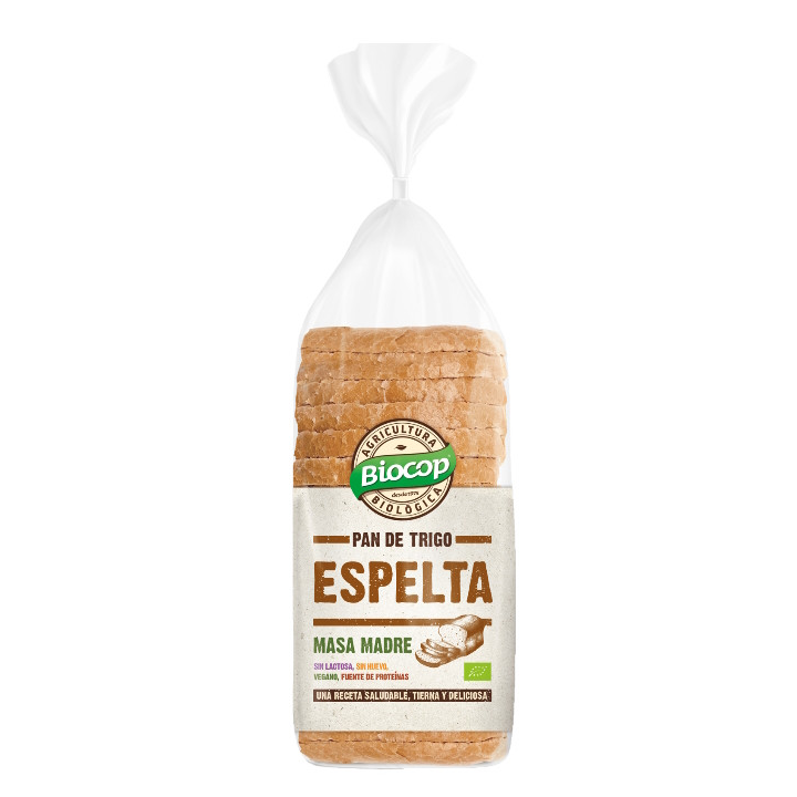 PAN DE MOLDE DE ESPELTA BLANCO MASA MADRE SIN LACTOSA, SIN HUEVO, VEGANO 400 GR. (BOCOP)/
