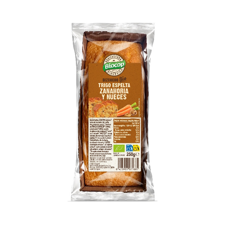 BIZCOCHO DE TRIGO ESPELTA ZANAHORIA Y NUECES ECO 250 GR. (BIOCOP)/