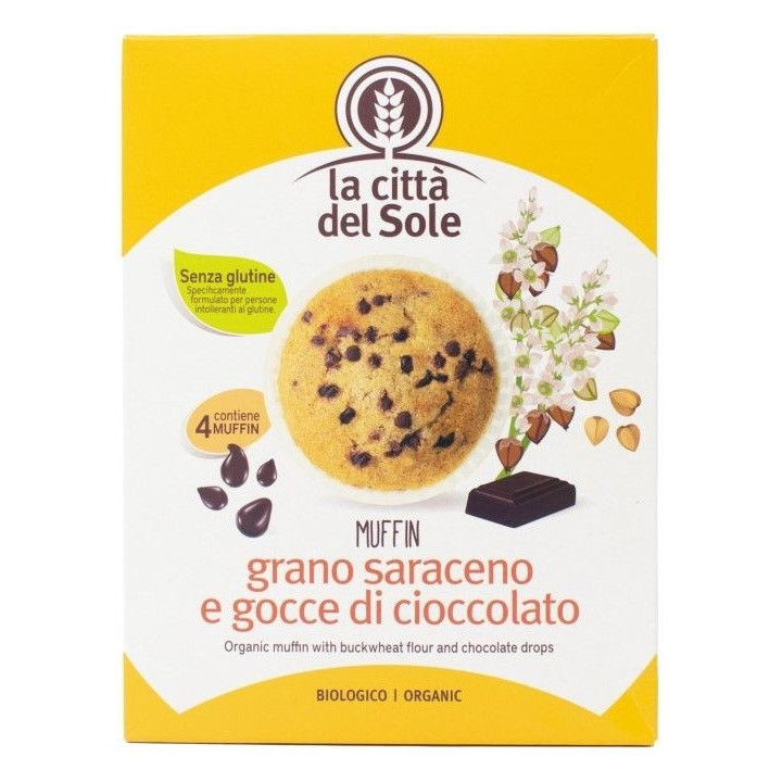 MADALENAS DE TRIGO SARRACENO CON CHIPS DE CHOCOLATE SIN GLUTEN ECO 4 X 45 GR, (LA CITTA DEL SOLE)/