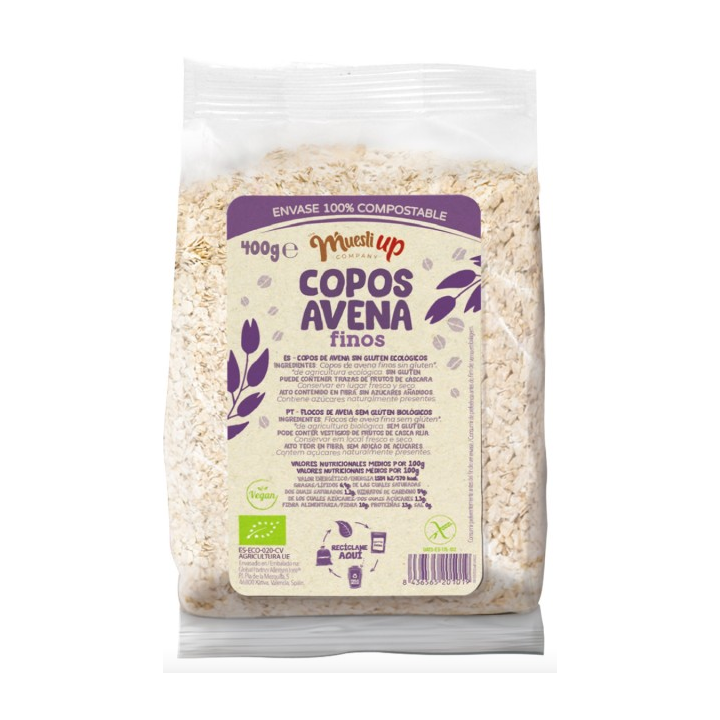 COPOS DE AVENA FINOS SIN GLUTEN BIO 400 GR. 100% COMPOSTABLE (THE MUESLI UP)/